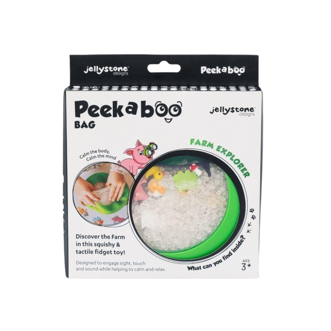 Caixa do brinquedo sensorial Peekaboo Bag Farm Explorer com esferas transparentes e animais de quinta visíveis.