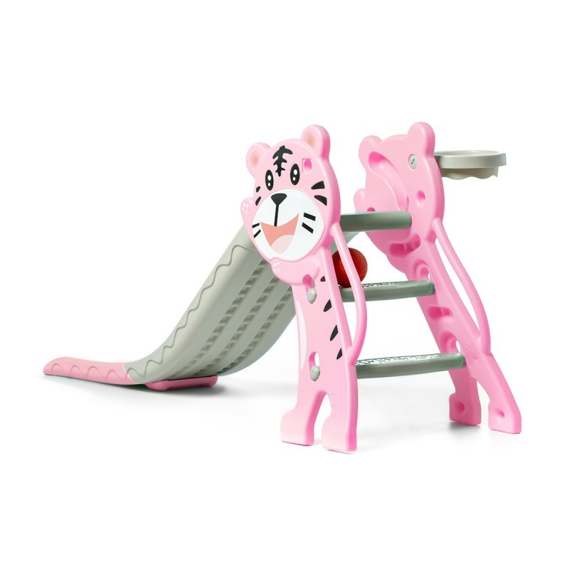 Escorrega infantil rosa com figura de tigre e degraus metálicos