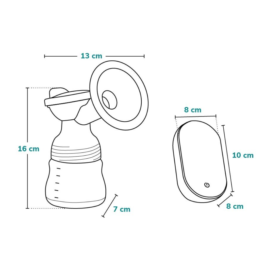 Extrator de leite materno manual e controlo remoto branco com dimensões indicadas