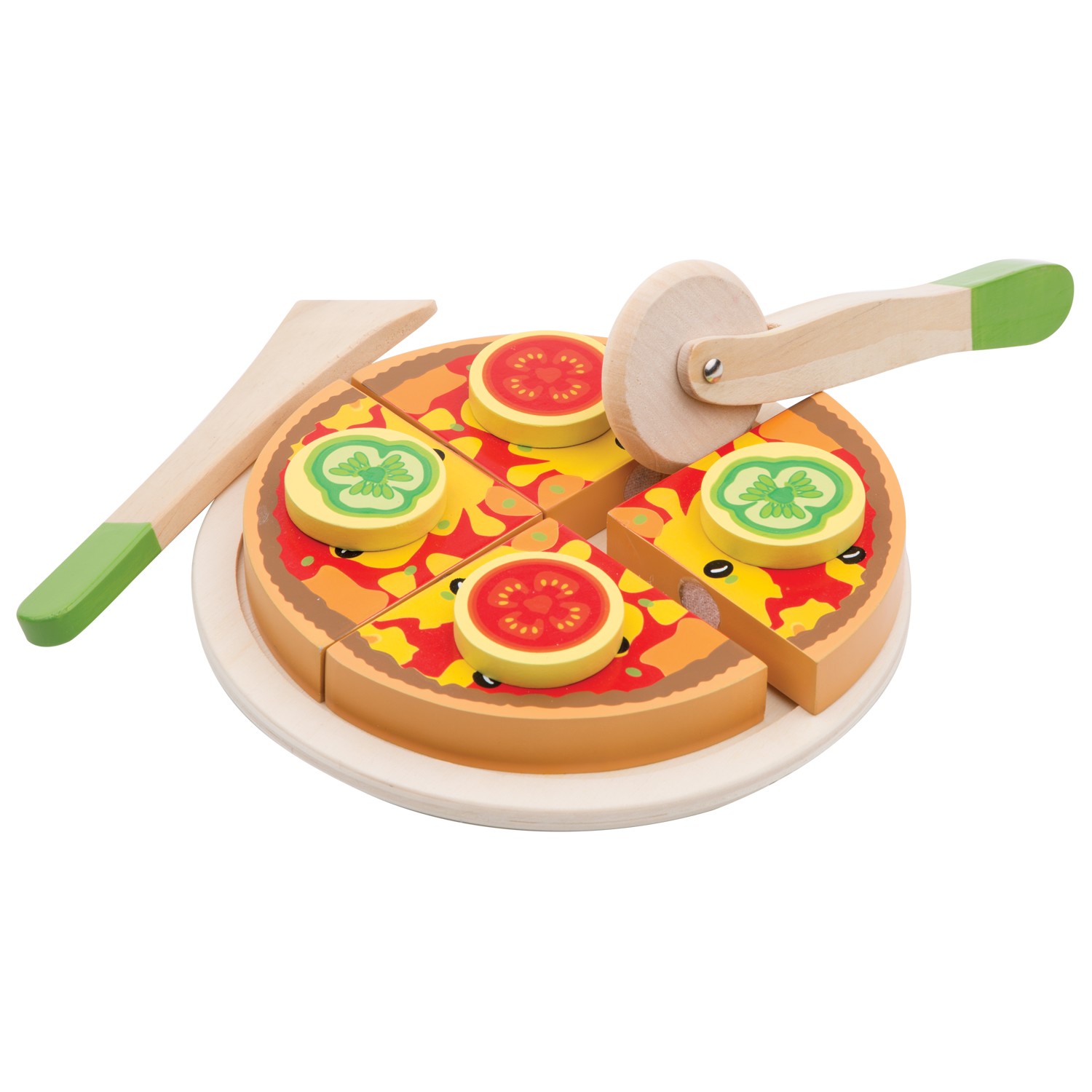Pizza de brinquedo de madeira com quatro fatias e utensílios com cabos verdes