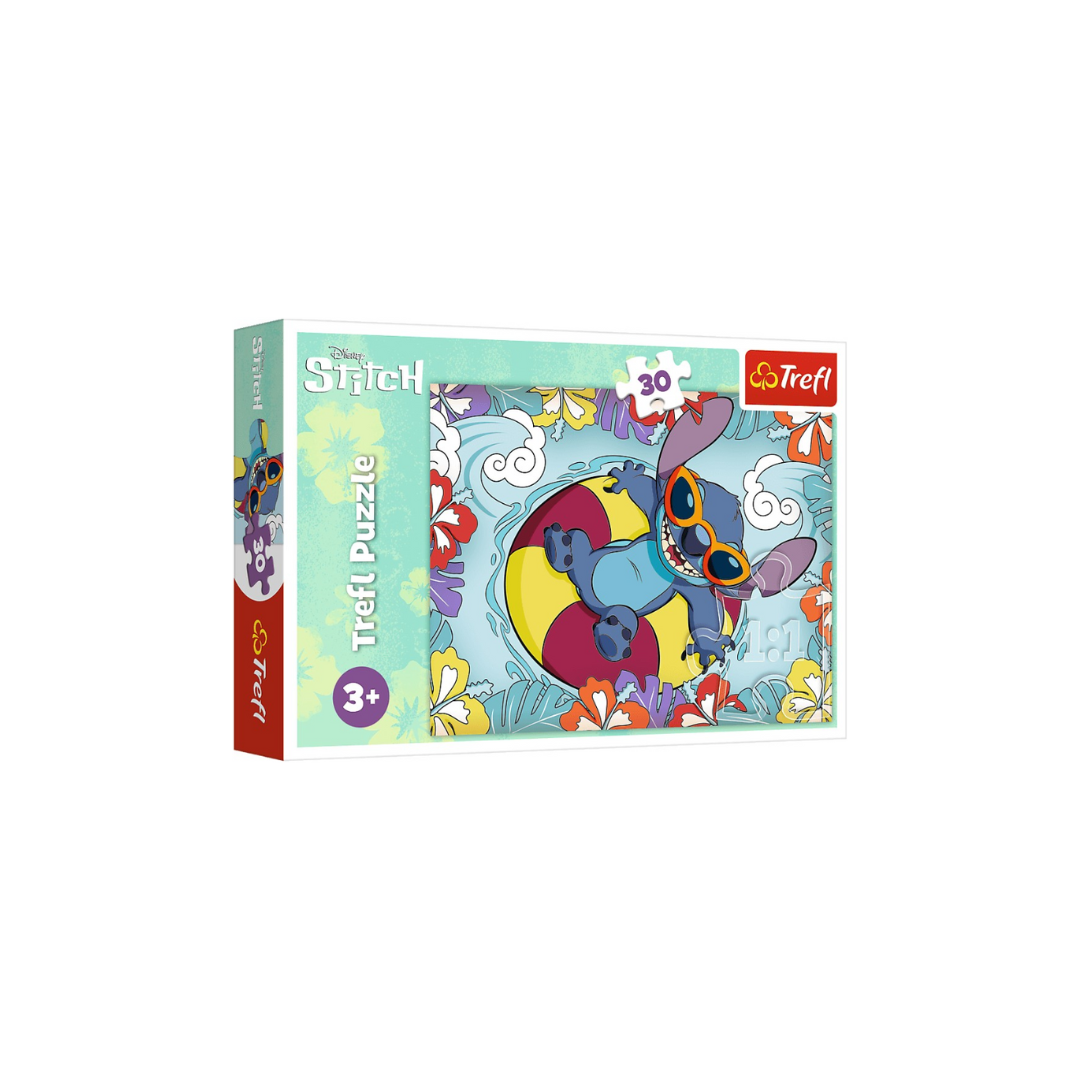 Puzzle Trefl 30 peças com Stitch e tema praia.