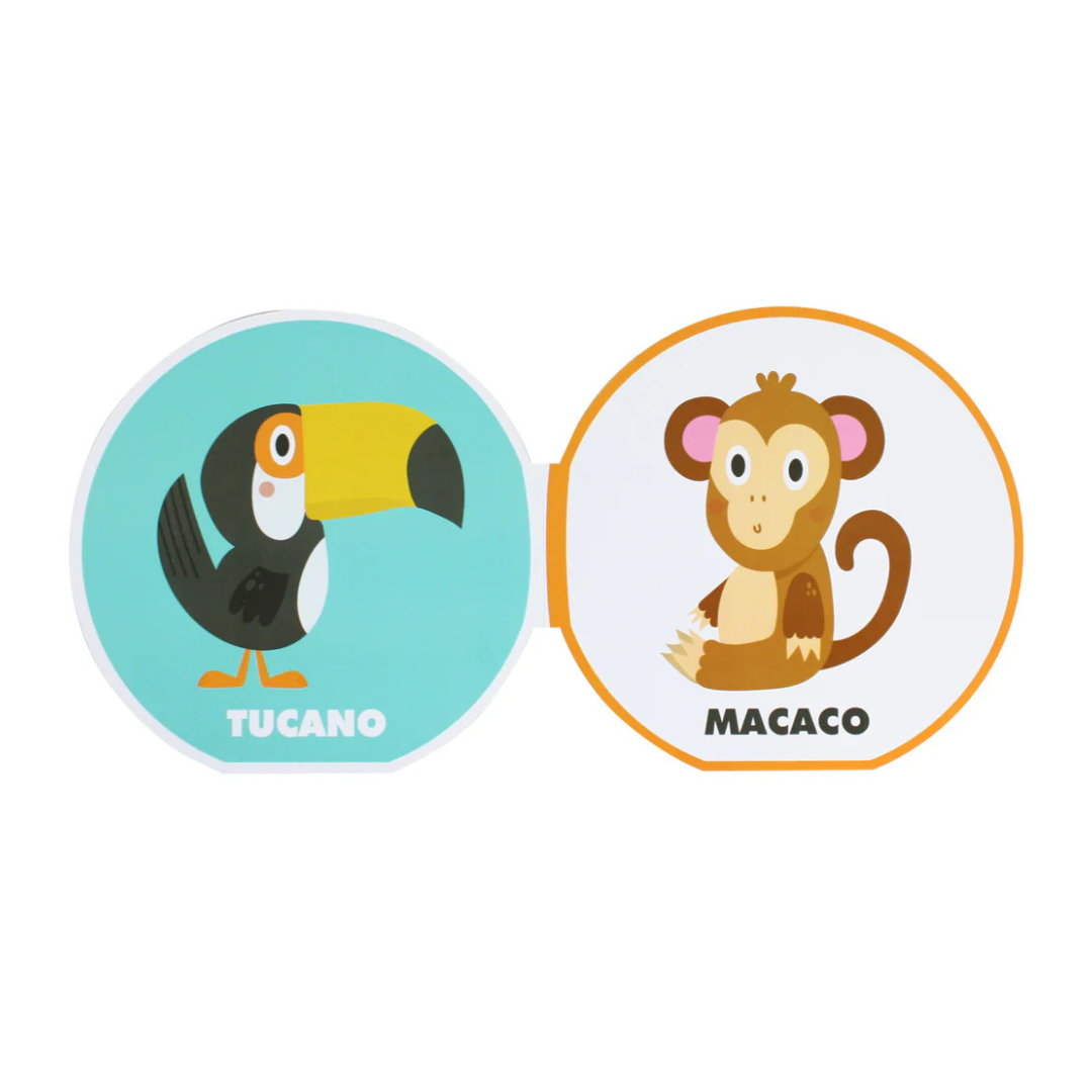 Livro infantil com ilustrações de tucano e macaco e os seus nomes em português.