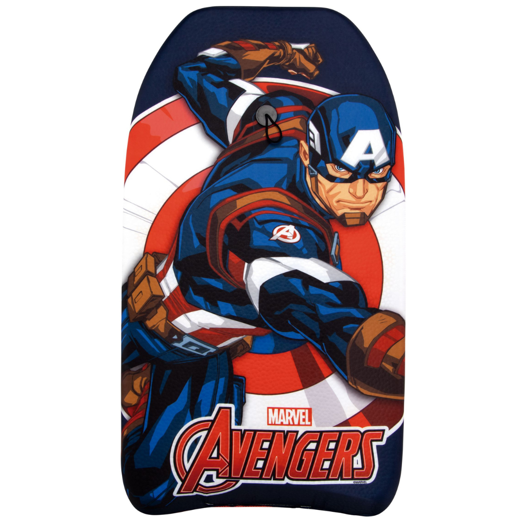 Prancha de bodyboard com imagem do Capitão América e texto MARVEL AVENGERS