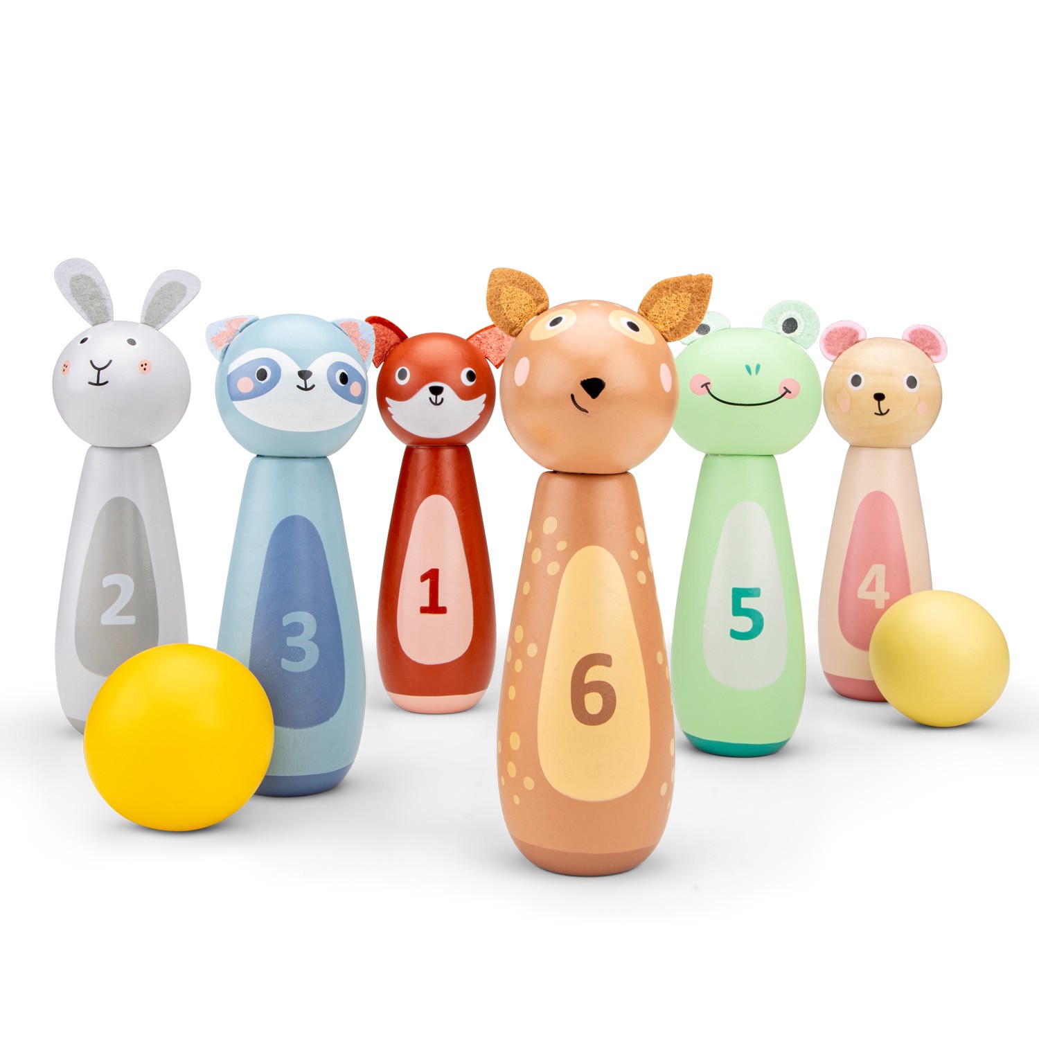 Conjunto de boliche infantil com pinos de animais numerados e bolas amarelas