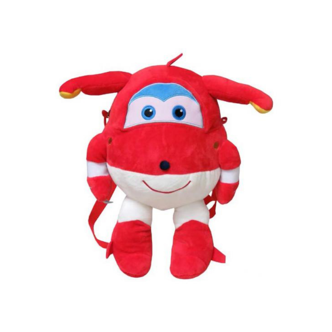 Mochila infantil de peluche em forma de avião vermelho e branco