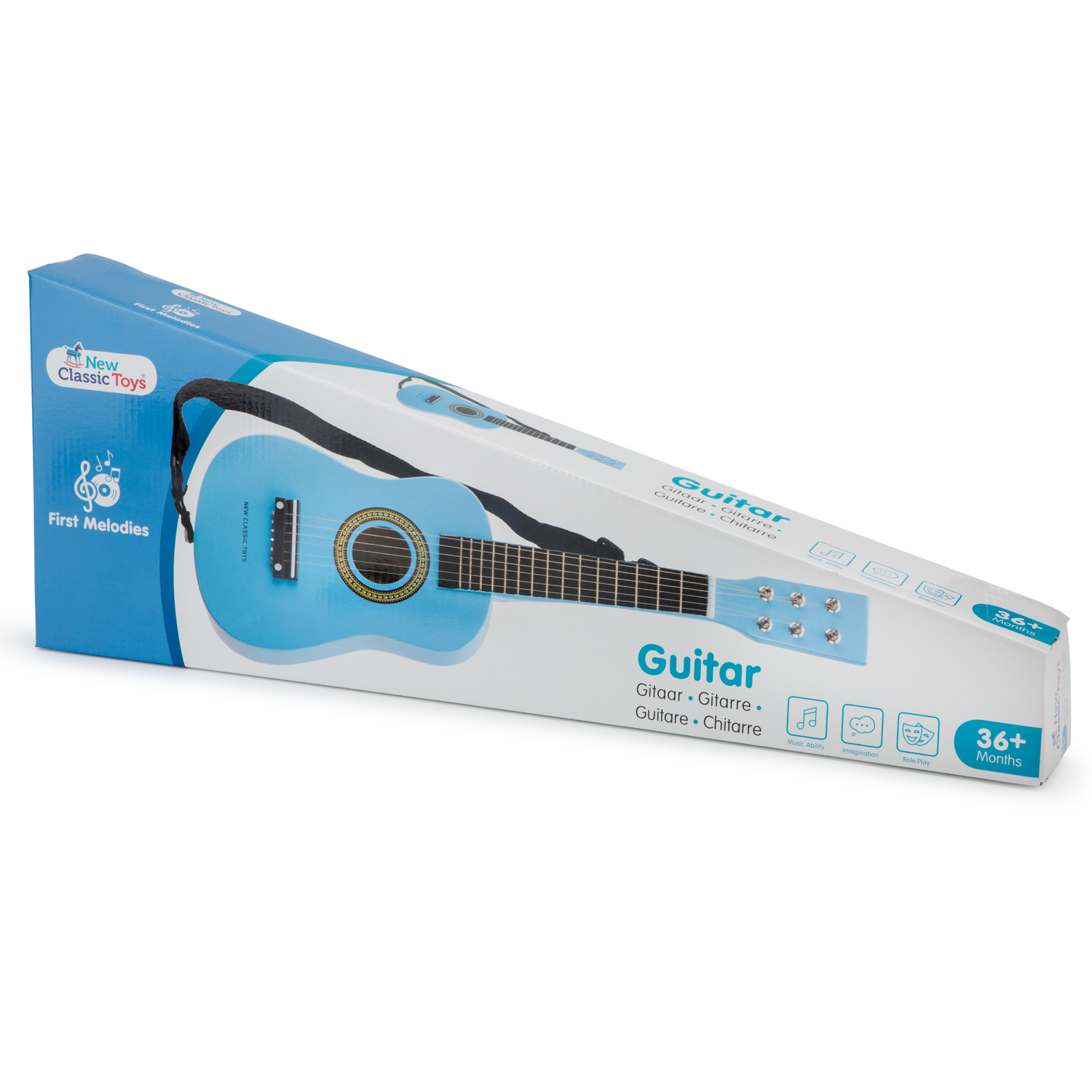 Guitarra azul em embalagem de cartão branca com azul, marca New Classic Toys