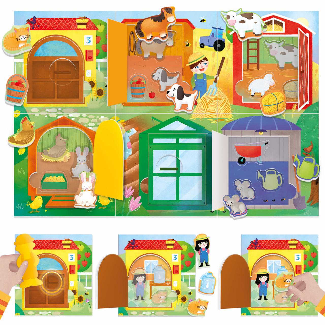 Livro infantil ilustrado com animais da quinta e atividades com portas móveis.