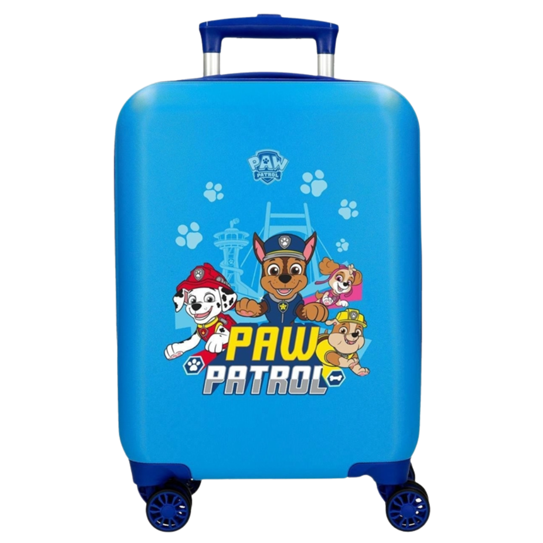 Mala de viagem azul com personagens Paw Patrol e rodas azuis