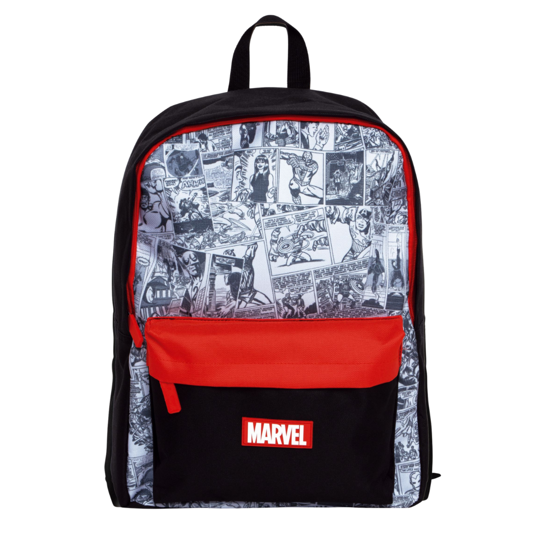Mochila Marvel com padrão de quadrinhos em preto e branco e bolso vermelho