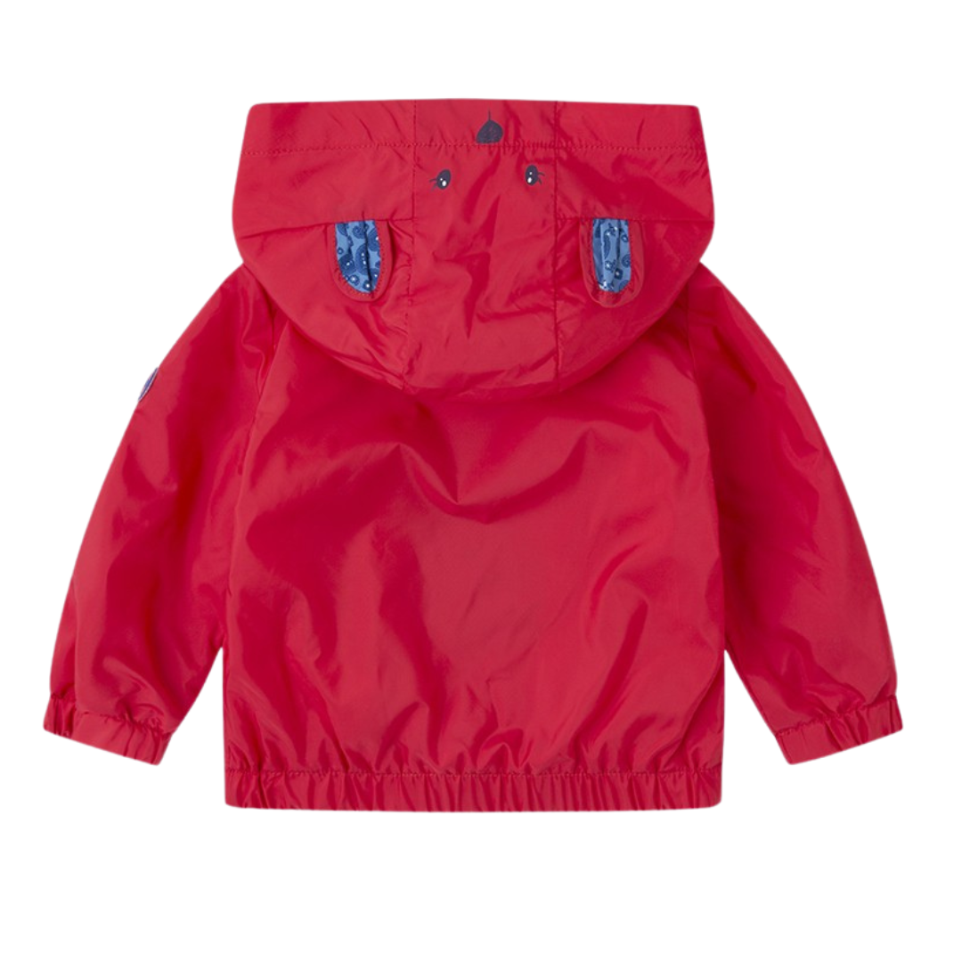 Casaco impermeável vermelho para criança com capuz decorado com orelhas e olhos azuis e pretos