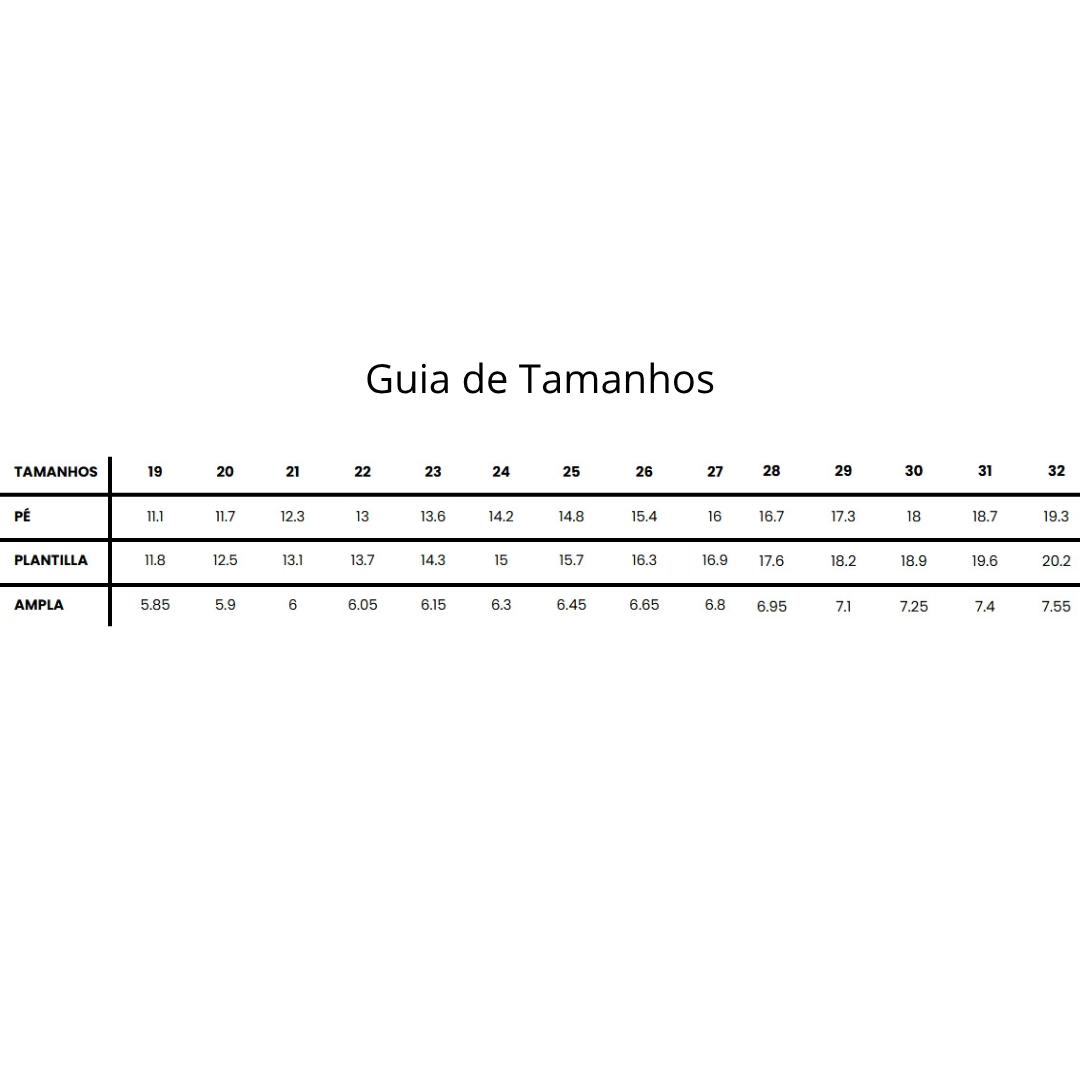 Guia de tamanhos para pés e plantilhas em tabela clara.