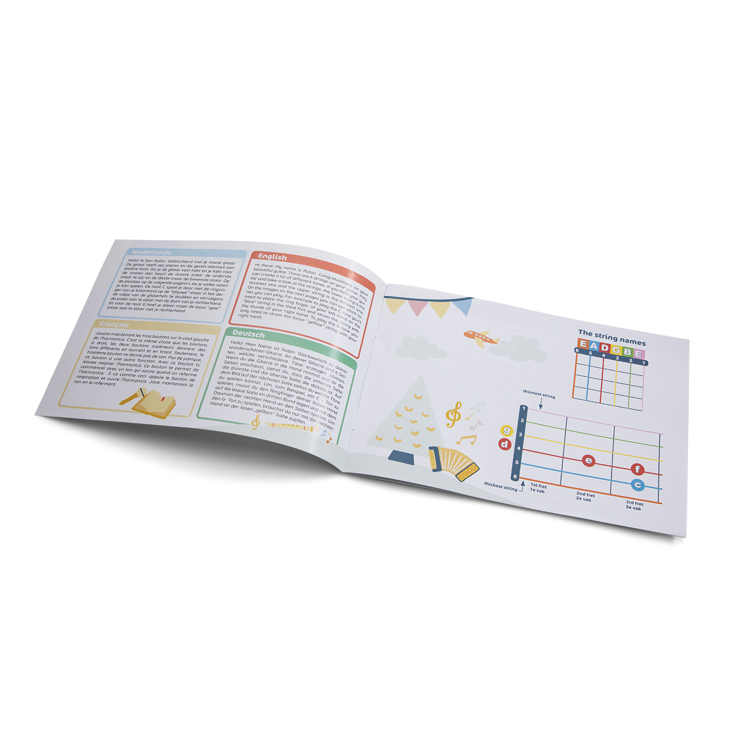 manual aberto com textos e diagramas musicais coloridos