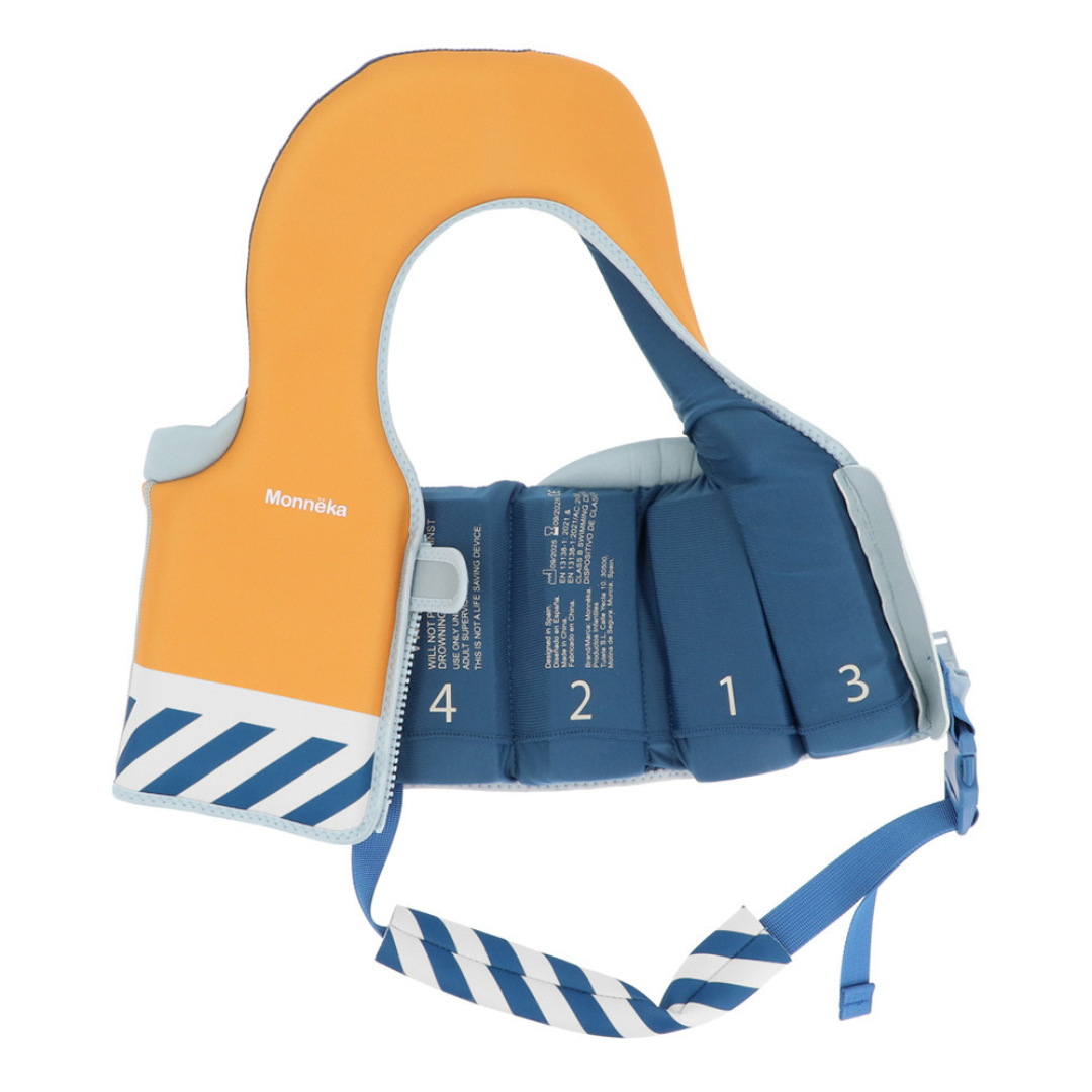 Colete salva-vidas infantil azul e amarelo com fecho e cinta ajustável