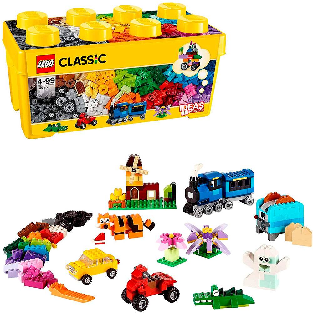 Caixa amarela LEGO CLASSIC 10696 com várias construções de peças de plástico coloridas