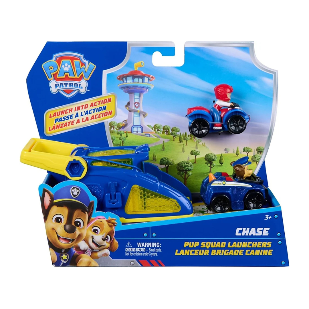 Brinquedo Paw Patrol Pup Squad Launchers com lançador e duas carrinhas pequenas na embalagem