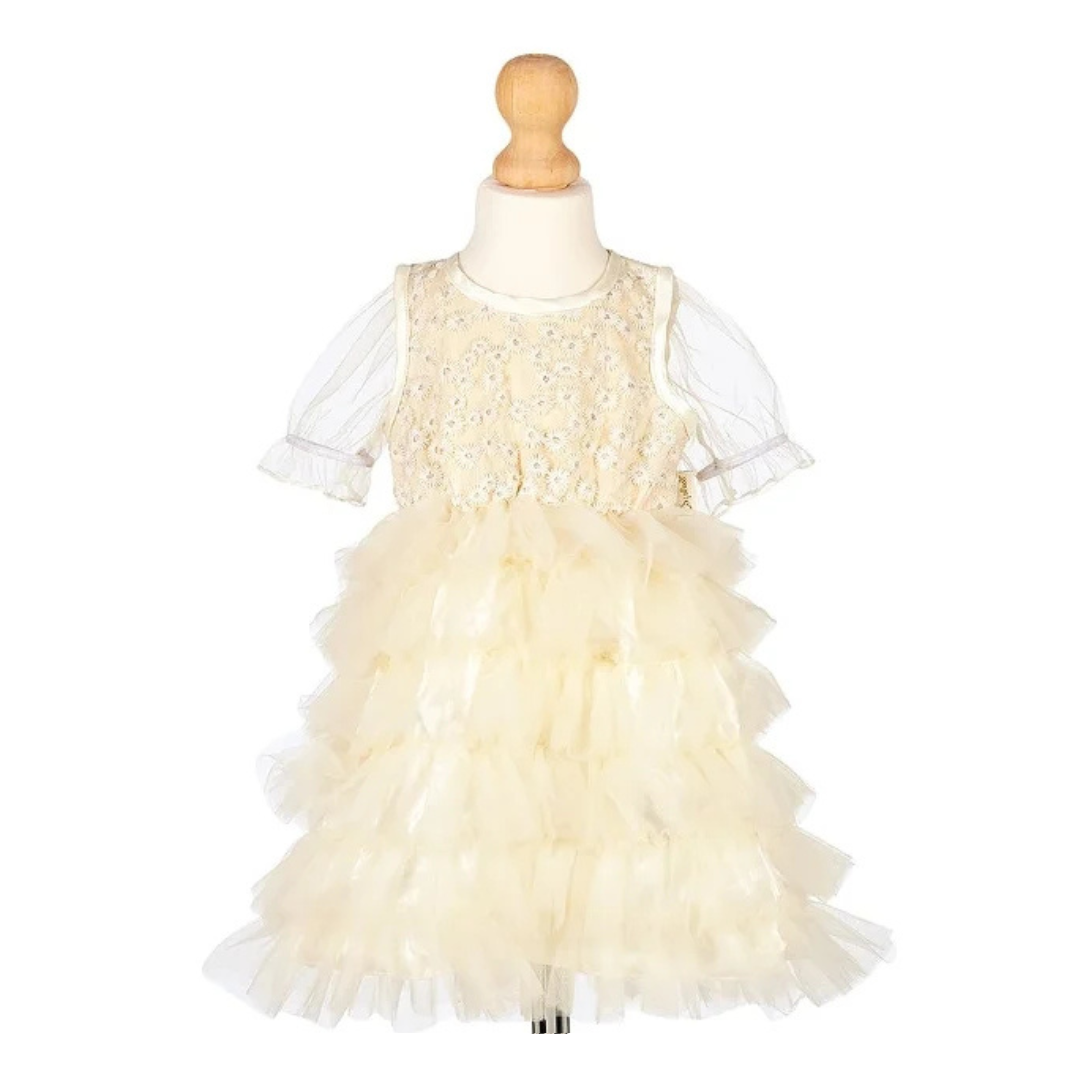 Vestido infantil creme com tule e bordados em manequim