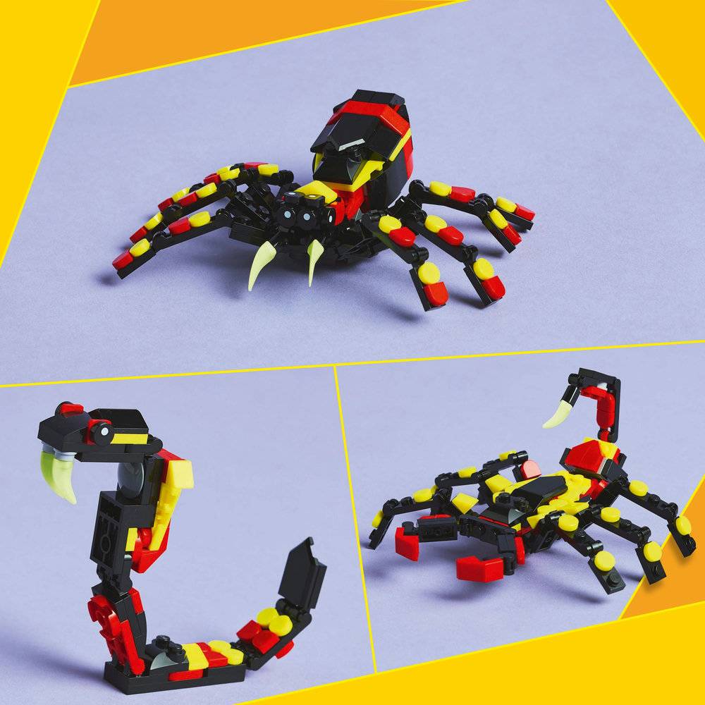 Miniaturas de aranha e cobra feitas de blocos de construção coloridos
