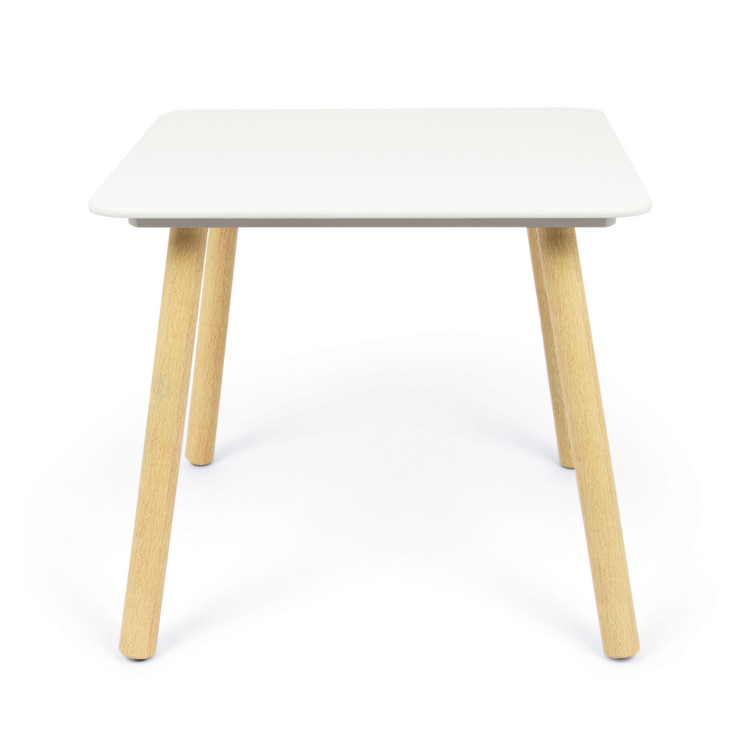 Mesa quadrada branca com patas de madeira clara