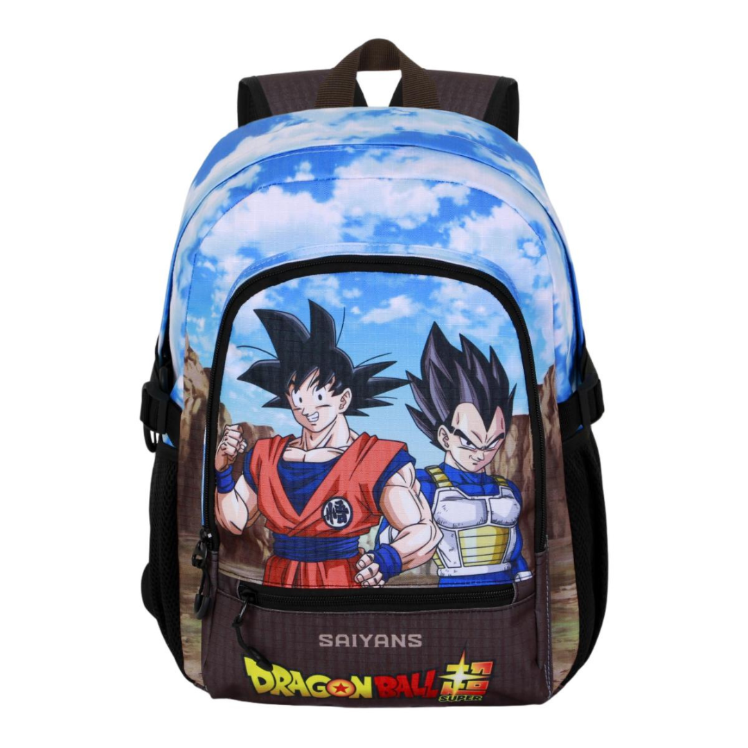 Mochila Dragon Ball com personagens Goku e Vegeta e fundo de céu azul