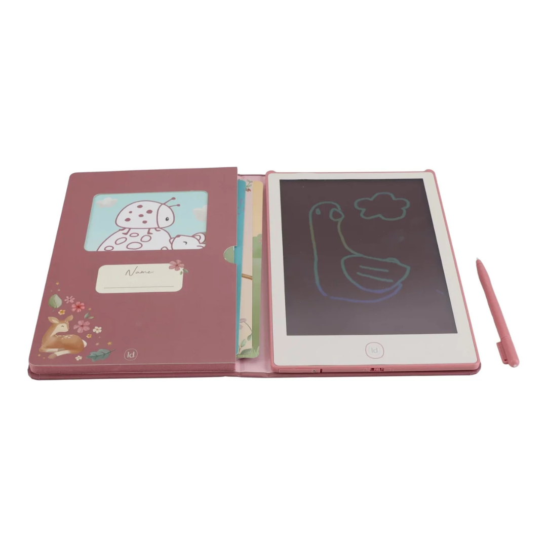 Tablet de escrita digital em estojo cor-de-rosa com ilustrações de joaninha e veado
