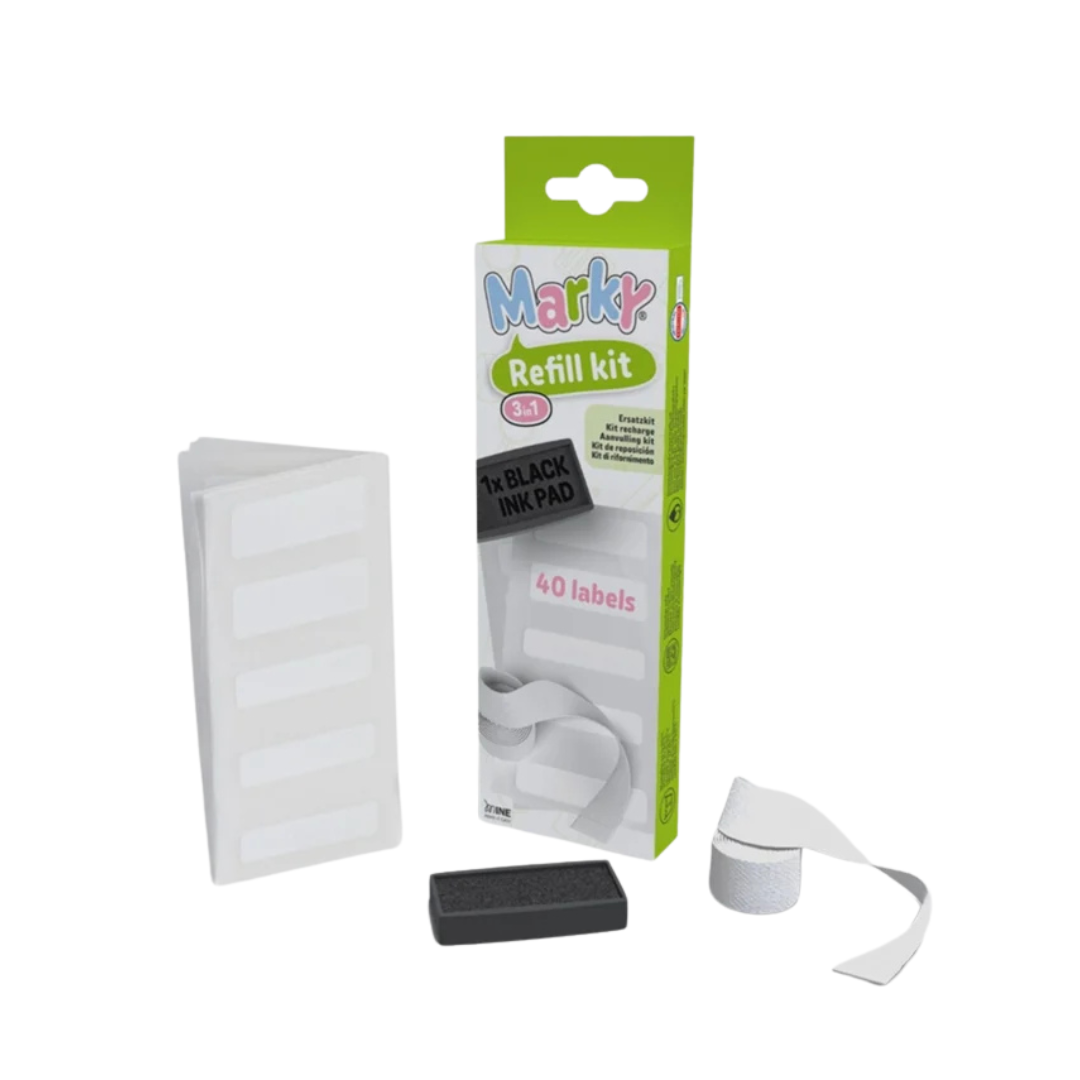 Kit de recarga Marky com etiquetas brancas e almofada de tinta preta
