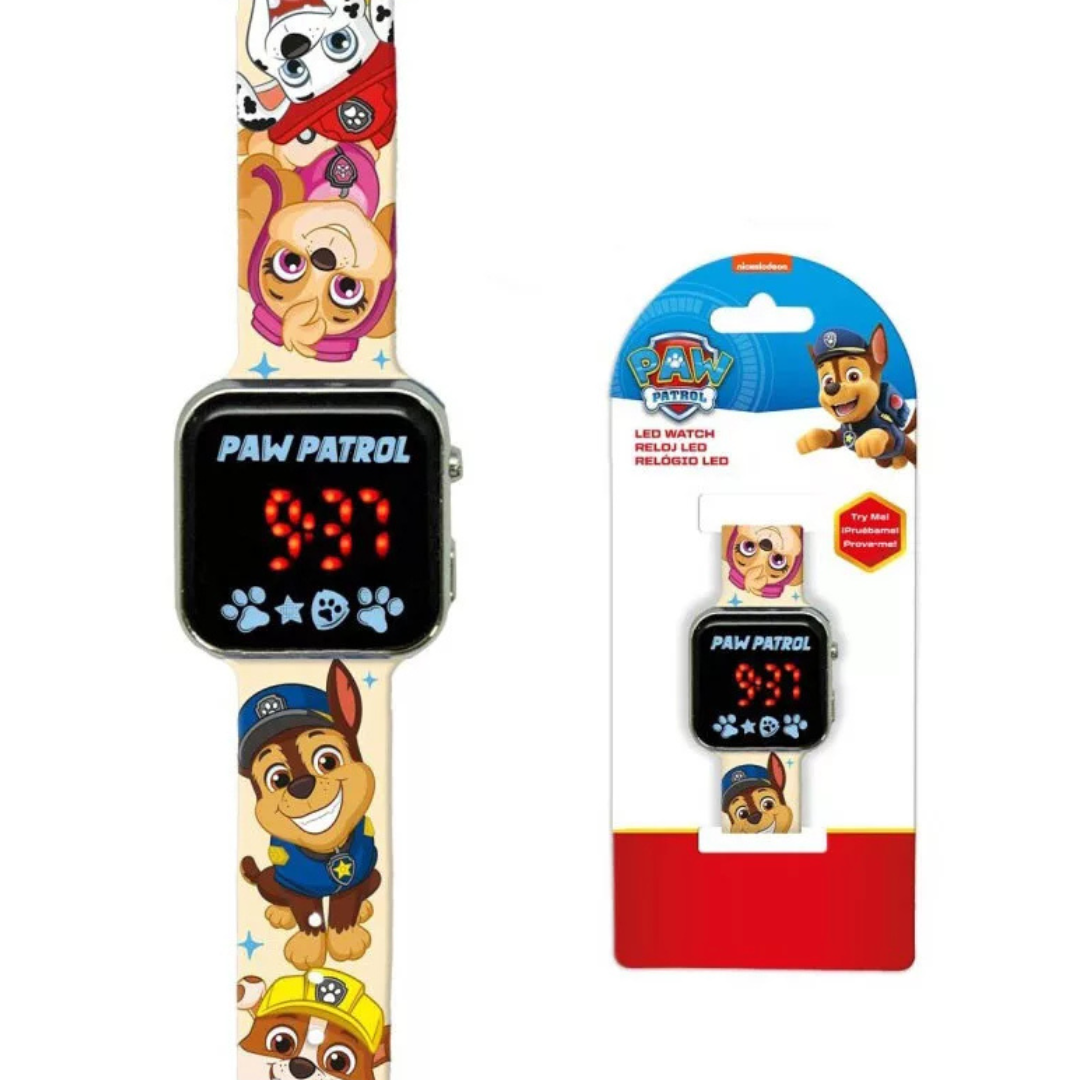 Relógio LED infantil PAW PATROL com bracelete decorada e visor digital.