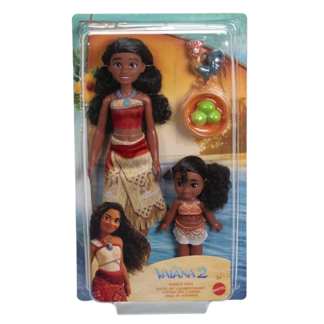 Conjunto de bonecas Vaiana e Siga em embalagem de brinquedo