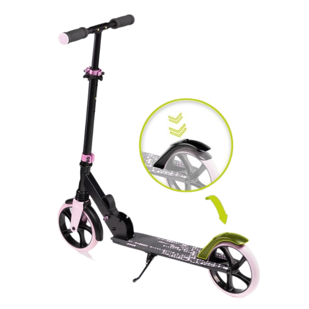 Trotinete preta e rosa com rodas grandes e travão traseiro destacado.