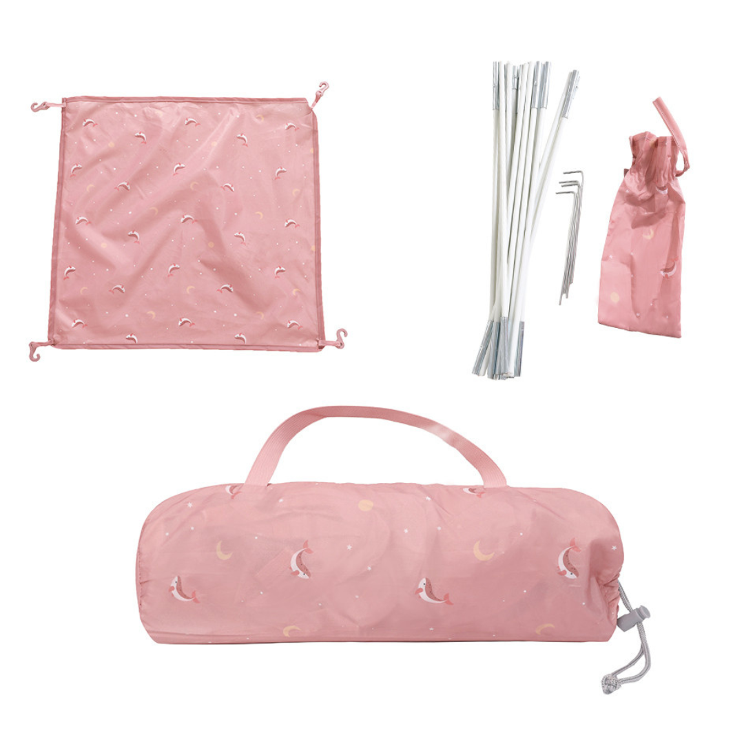 Kit de tenda de brincar infantil rosa com golfinhos e luas e estrutura de varetas