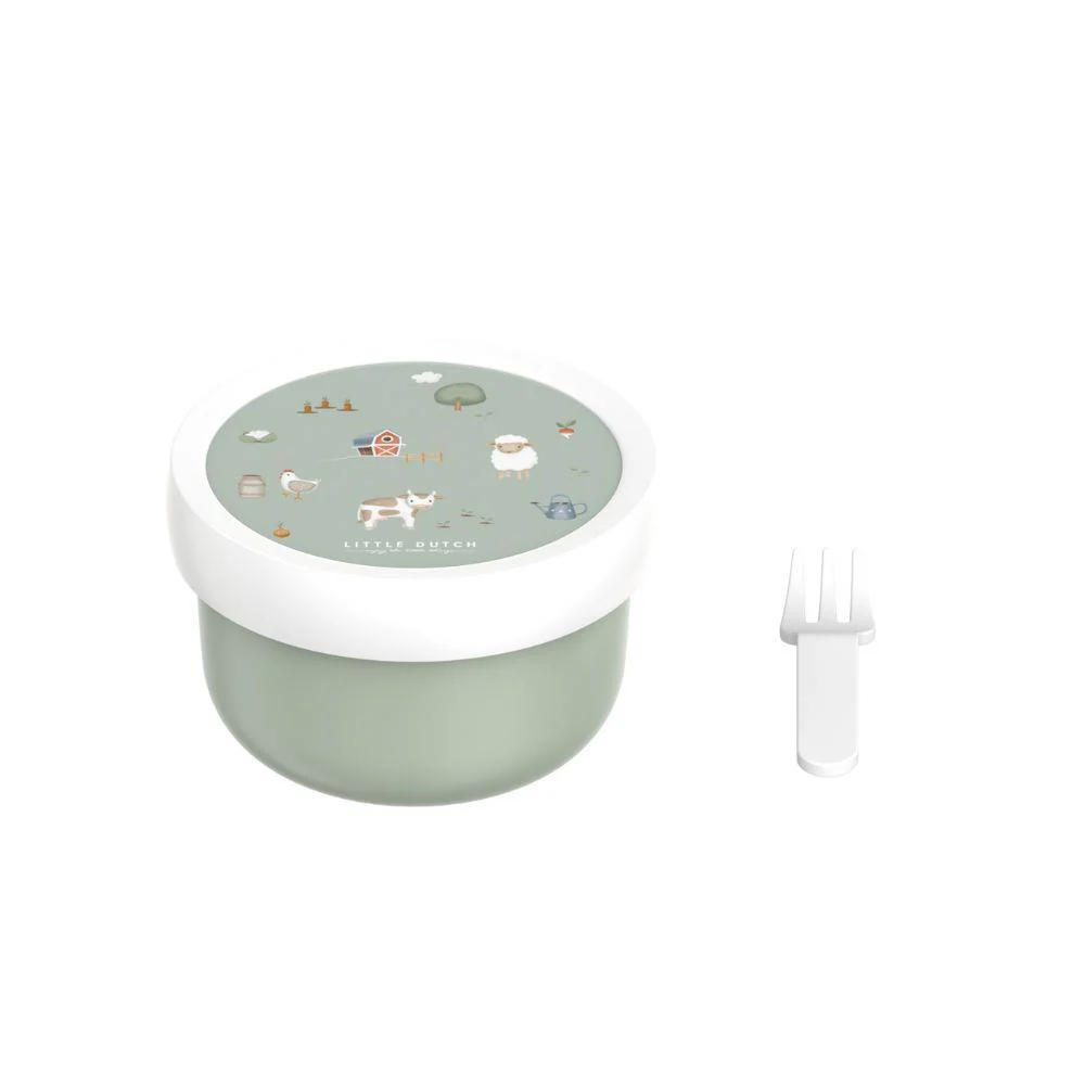 Recipiente para alimentos com tampa branca e garfo pequeno