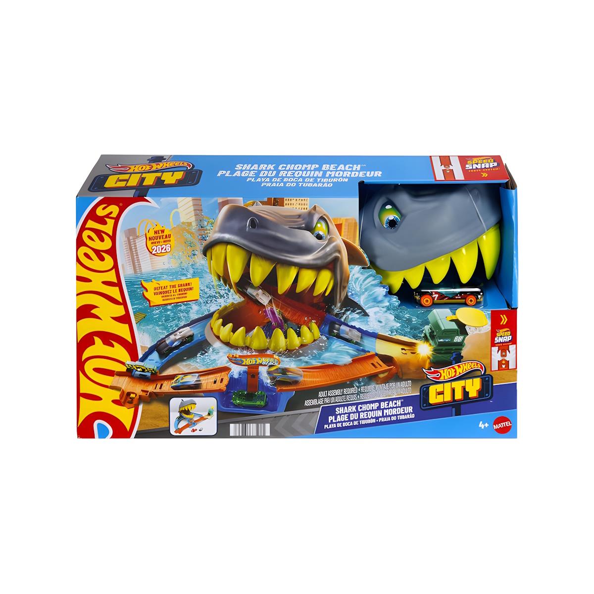 Brinquedo Hot Wheels City Shark Chomp Beach com pista e cabeça de tubarão