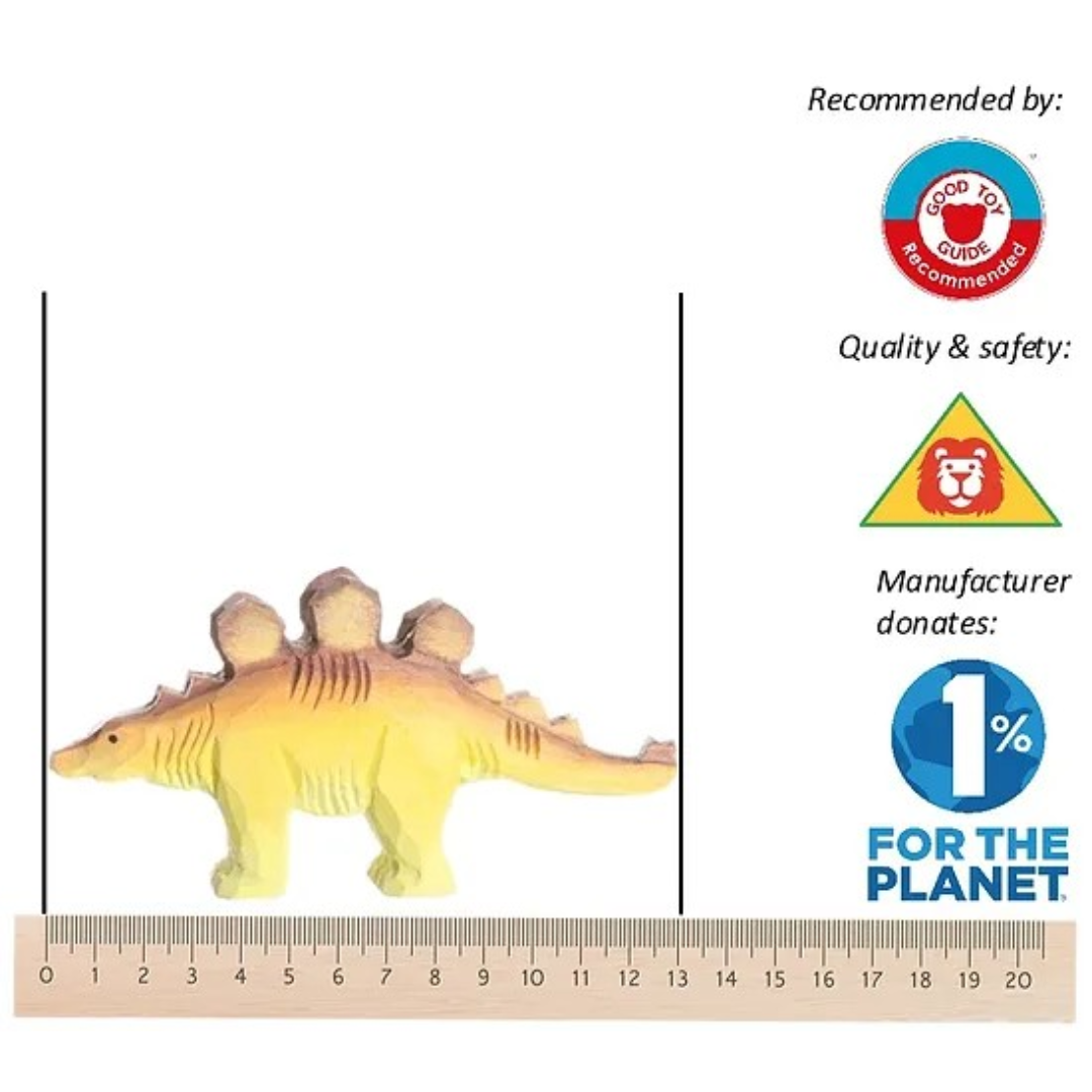 Miniatura de dinossauro amarelo com régua e selos de recomendação e qualidade