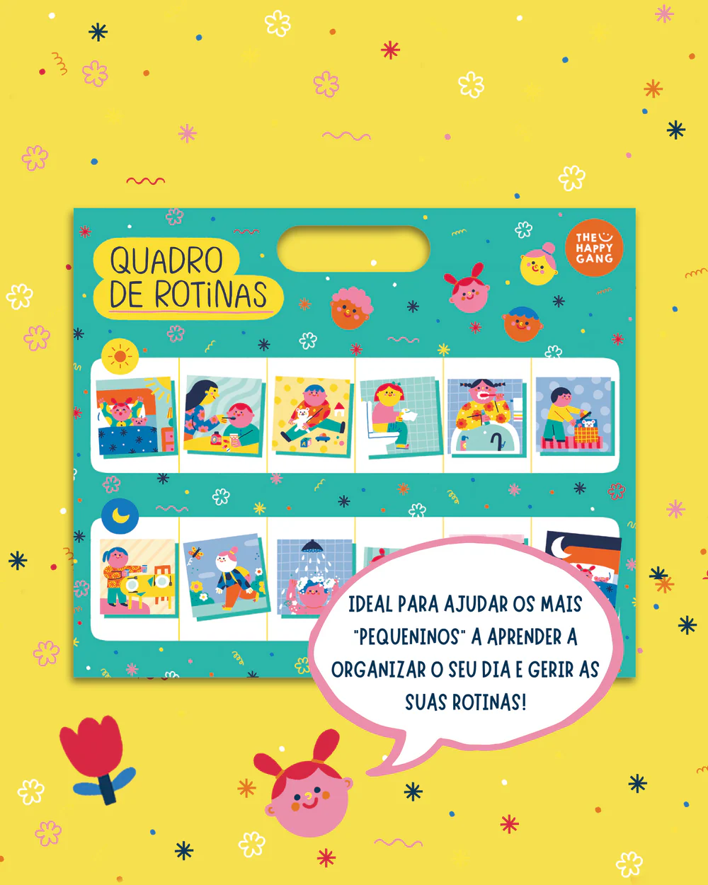 Quadro de rotinas infantil colorido com ilustrações e texto para ajudar crianças a organizar o dia