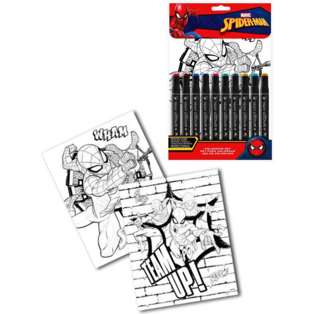 Conjunto de canetas de feltro Spider-Man com folhas para colorir.