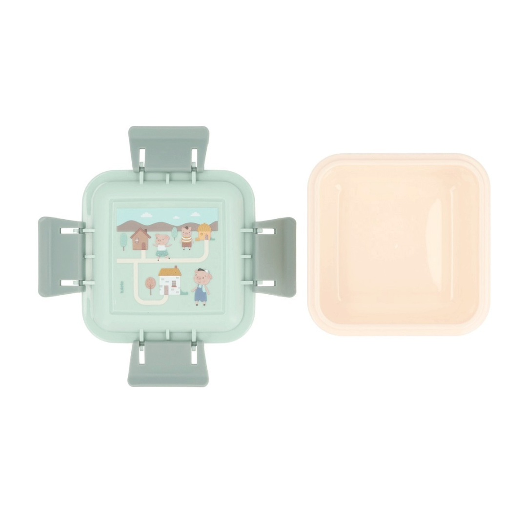 Recipiente quadrado com tampa verde-água e ilustração infantil no interior