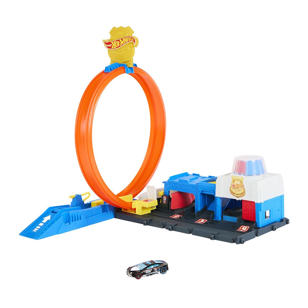 Brinquedo pista Hot Wheels com rampa azul e volta laranja em laço.