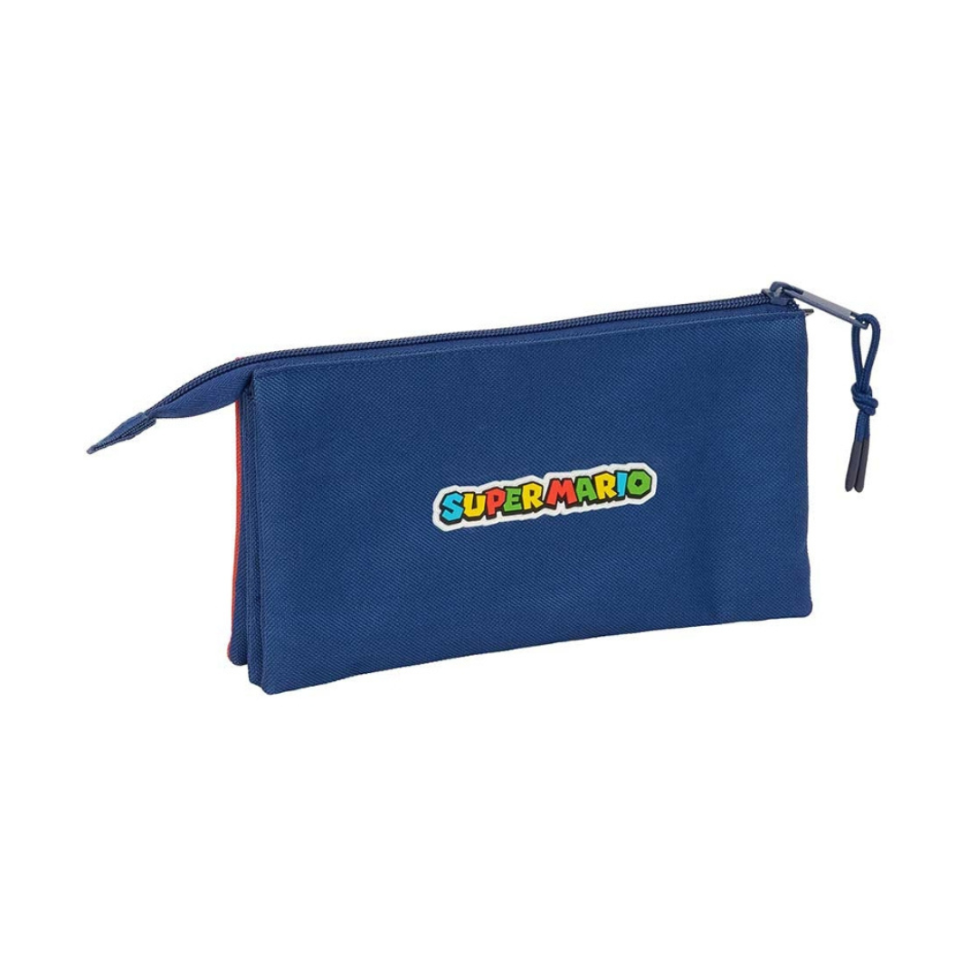Estojo azul de tecido com fecho de correr e logótipo SUPER MARIO colorido