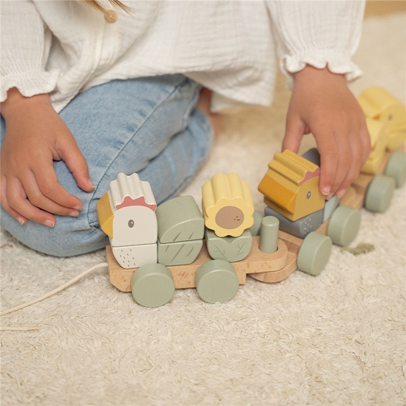 Brinquedo de madeira com carruagem e peças coloridas em tons pastel sobre tapete claro