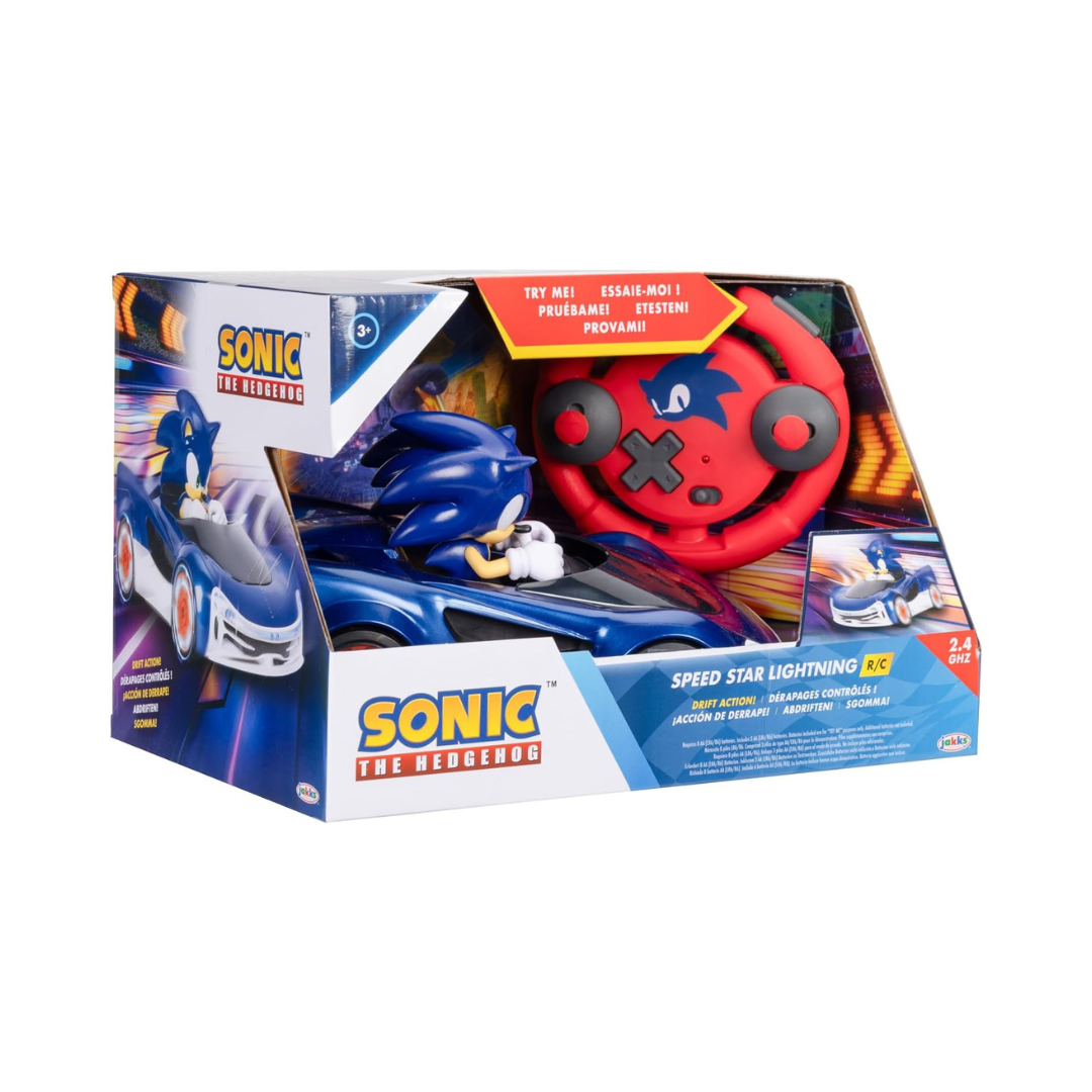 Brinquedo Sonic, carro de controlo remoto azul e comando vermelho