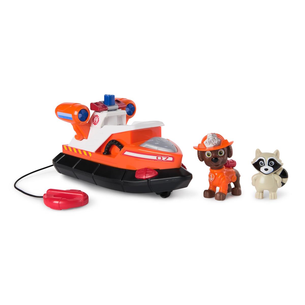 Brinquedo barco salva-vidas laranja e branco com duas figuras animais em fundo branco