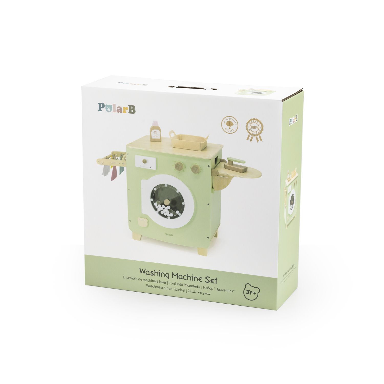 Conjunto de máquina de lavar de madeira PolarB em verde claro e branco na embalagem