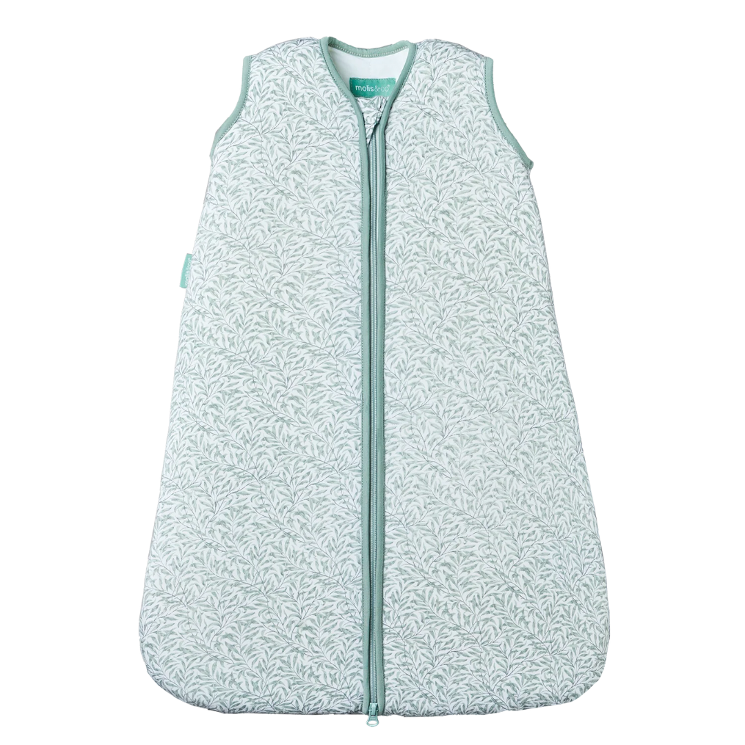 Saco de dormir para bebé branco com padrão de folhas cinzentas e verdes