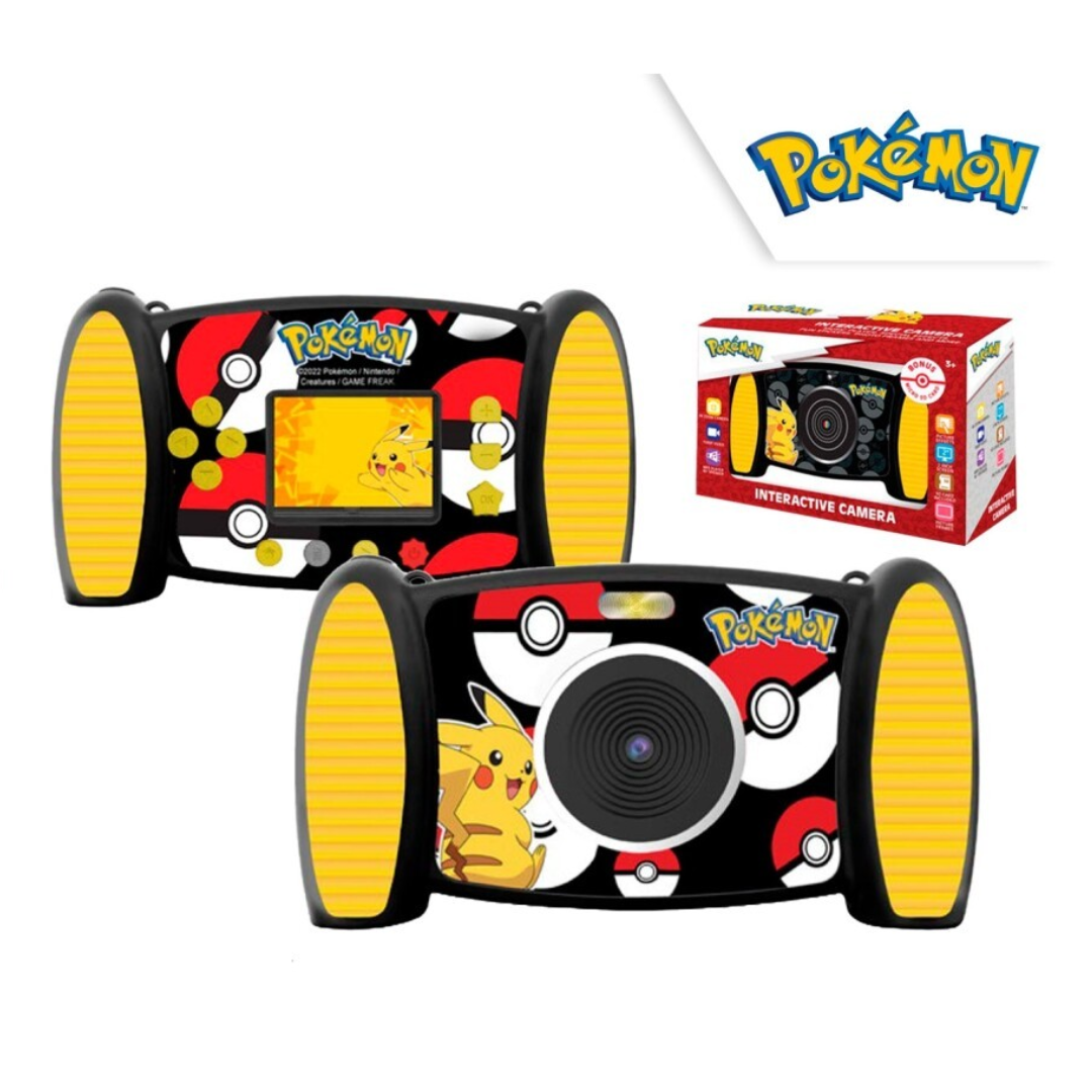 Câmara interativa Pokémon com imagem do Pikachu e botões amarelos