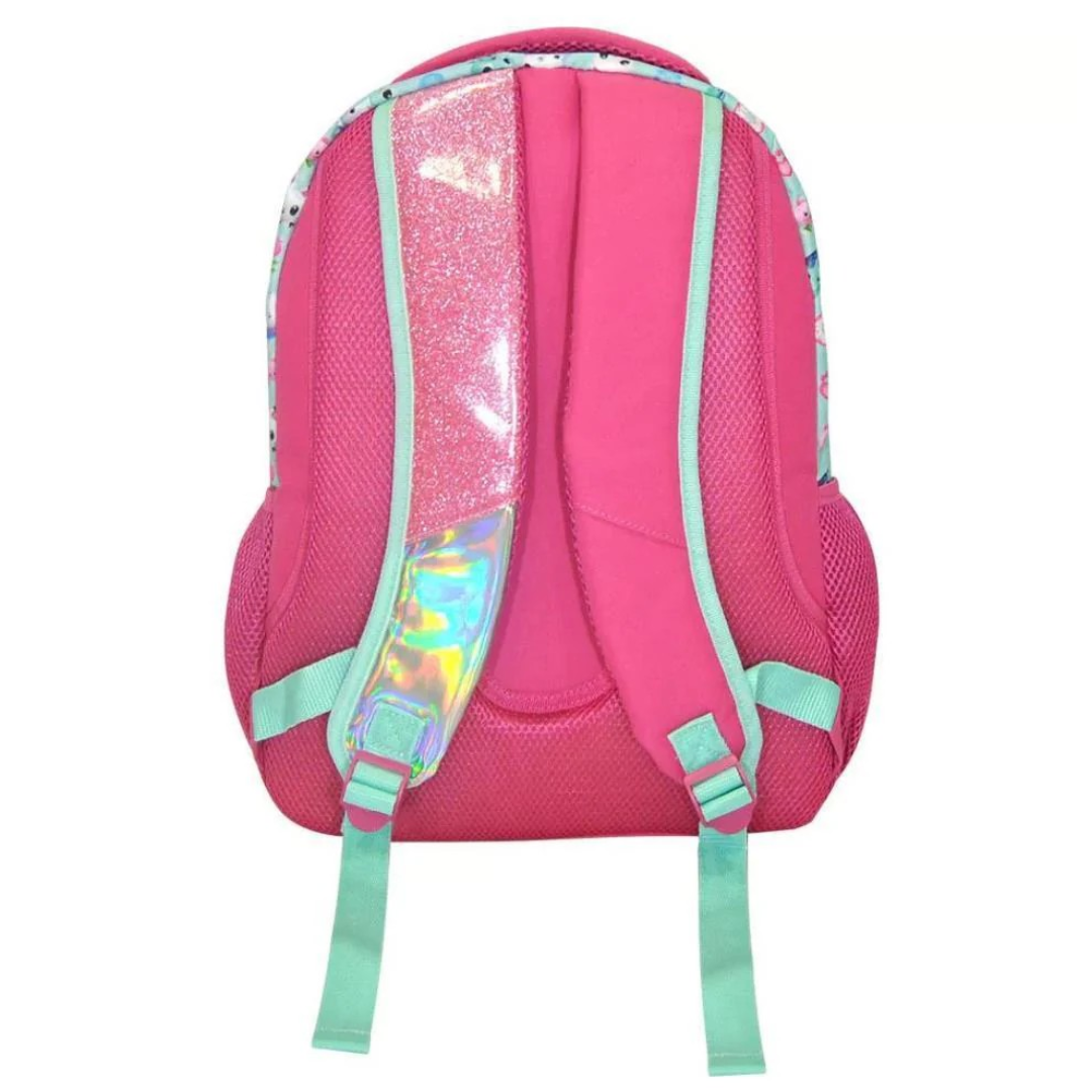 Mochila rosa com detalhes verdes e padrão de unicórnios