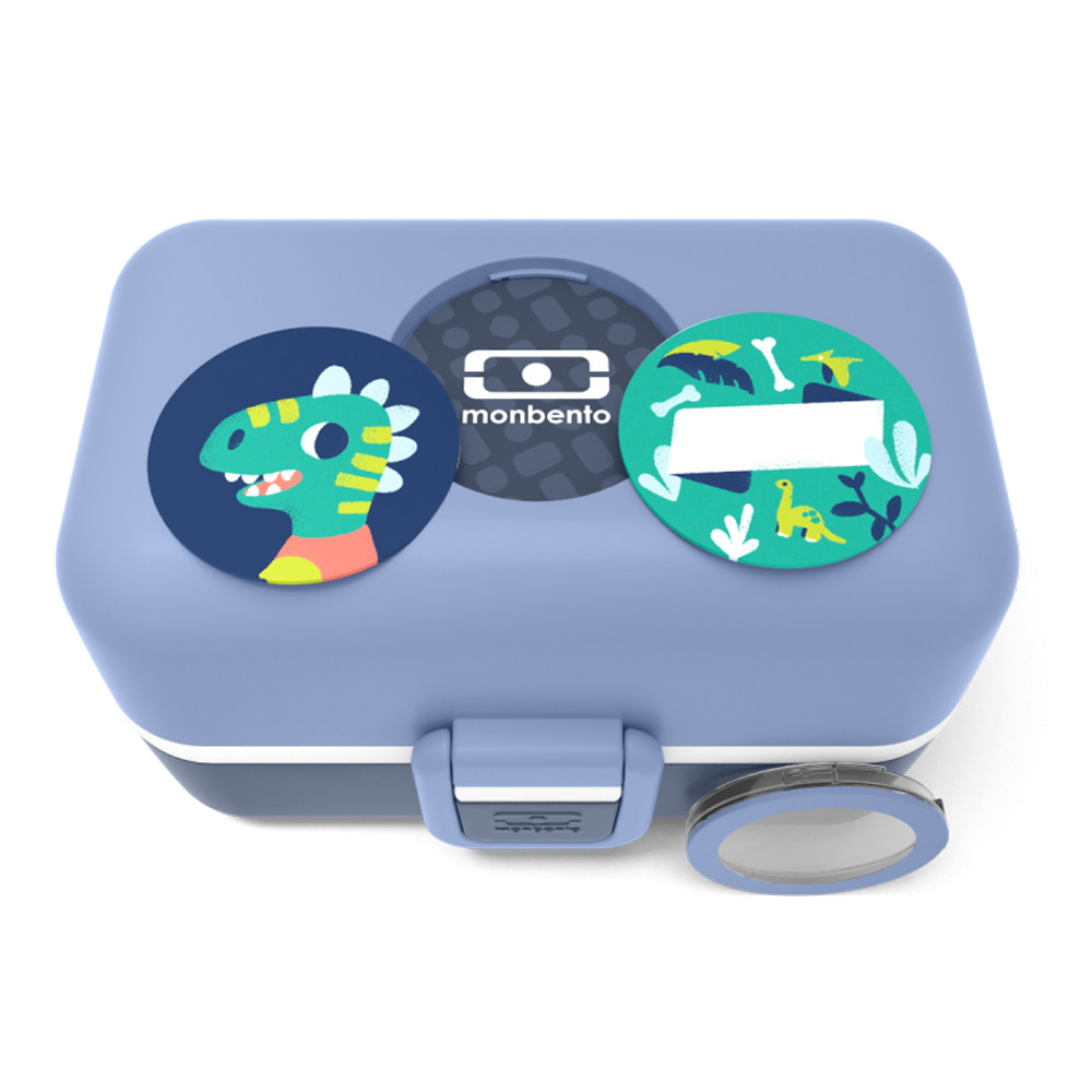 Marmita retangular azul com adesivos de dinossauros e logotipo monbento