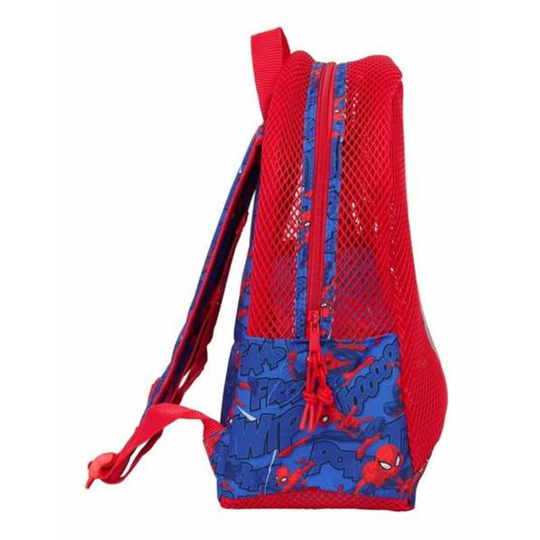 Mochila de rede vermelha e tecido azul com estampado Spider-Man e texto de banda desenhada