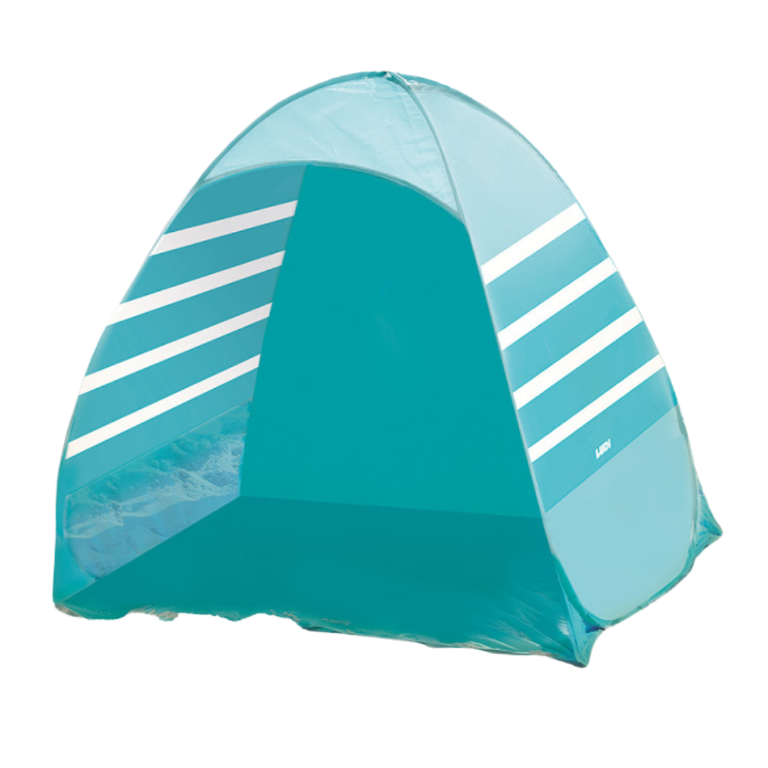 Tenda de praia azul com faixas brancas e inscrição LUDI