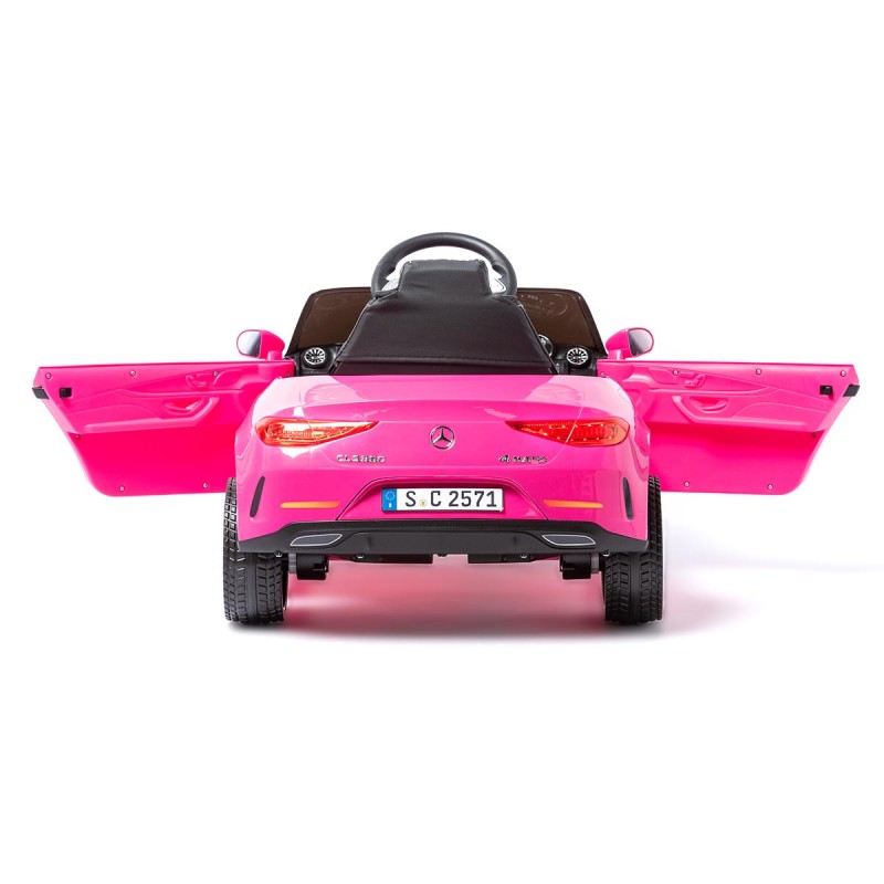 Carro de brinquedo rosa com portas abertas e volante preto