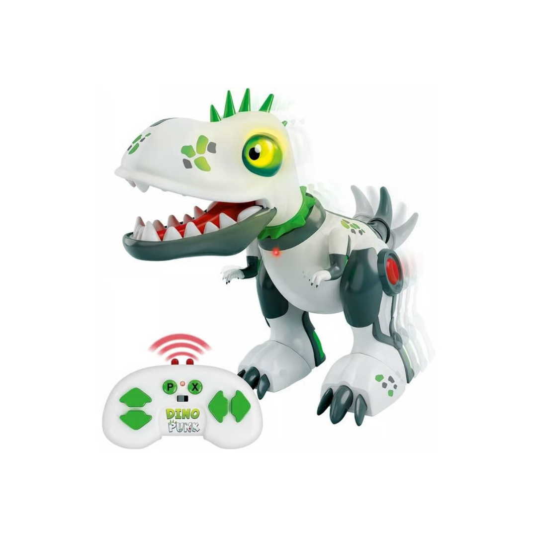 Brinquedo robô dinossauro com controlo remoto branco e verde