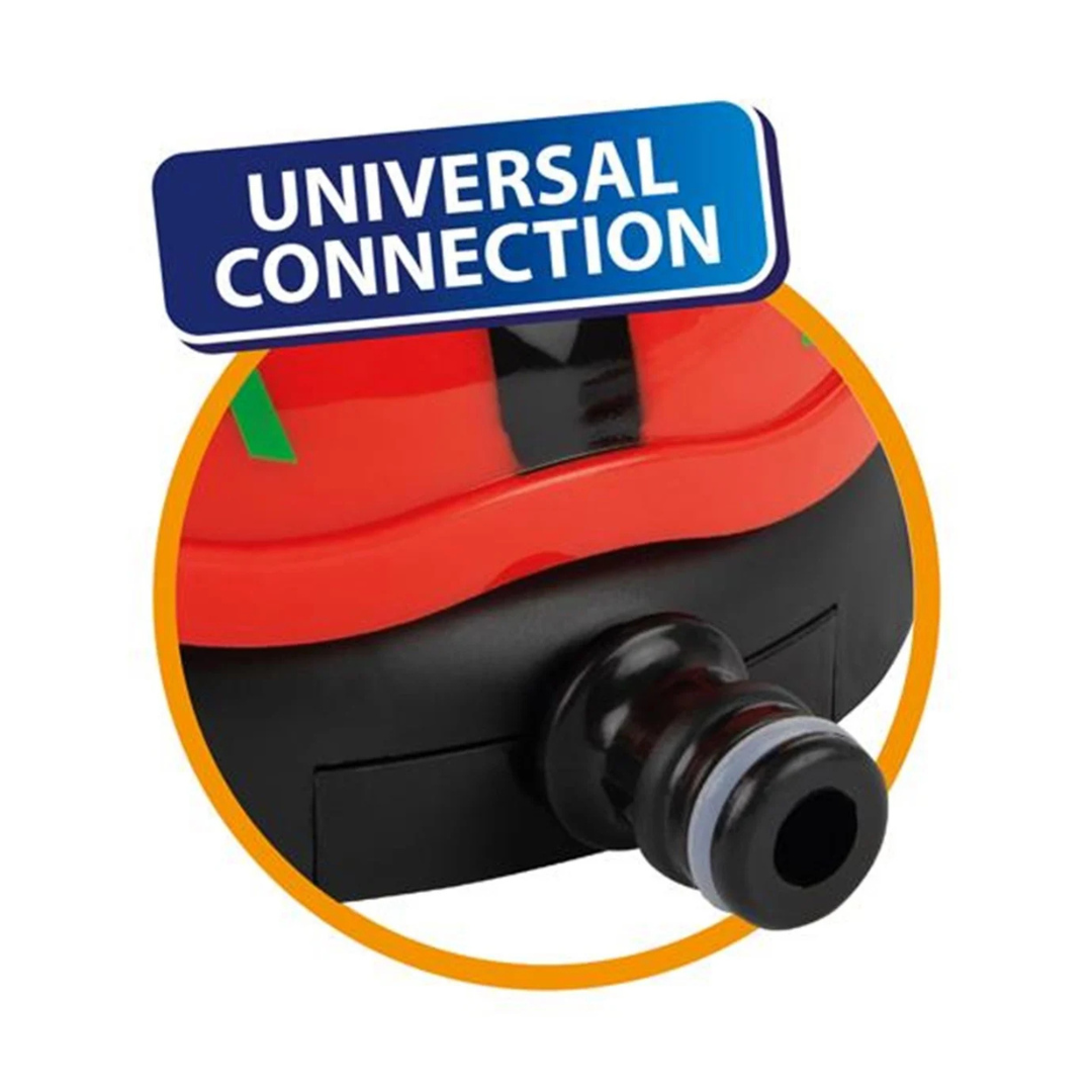Conexão universal preta em equipamento vermelho e preto com texto UNIVERSAL CONNECTION
